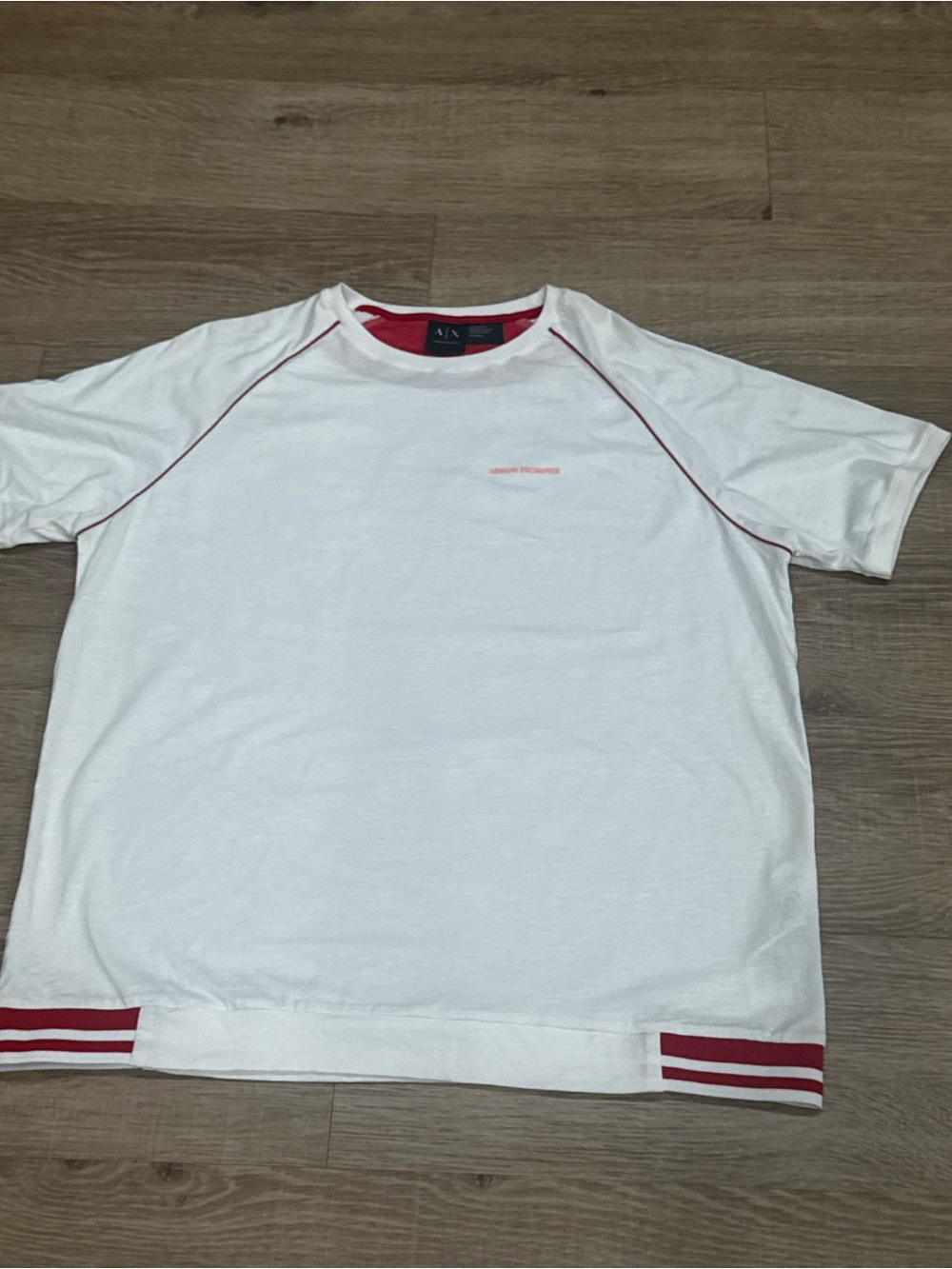 Armani Exchange A|X White Logo Tee Shirt Red Stripe Hem Short Sleeve Men’s XL
